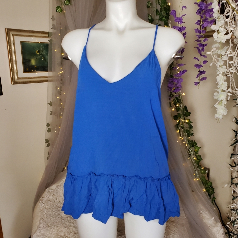PEACH LOVE CALIFORNIA Whimsigoth Boho Cobalt Blue Flowy Fairy Tank Top L Ruffle